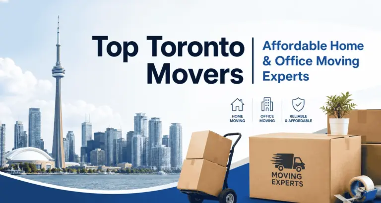 Advertising banner for a moving company: skyline of Toronto with the CN Tower, large 'Top Toronto Movers' text and moving boxes on a dolly, plus office/home moving icons.