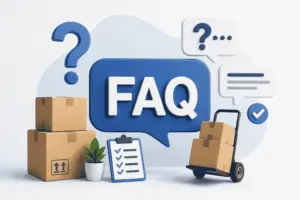 Blue FAQ speech bubble with surrounding shipping boxes, clipboard, and a delivery dolly illustrating a help/FAQ concept.
